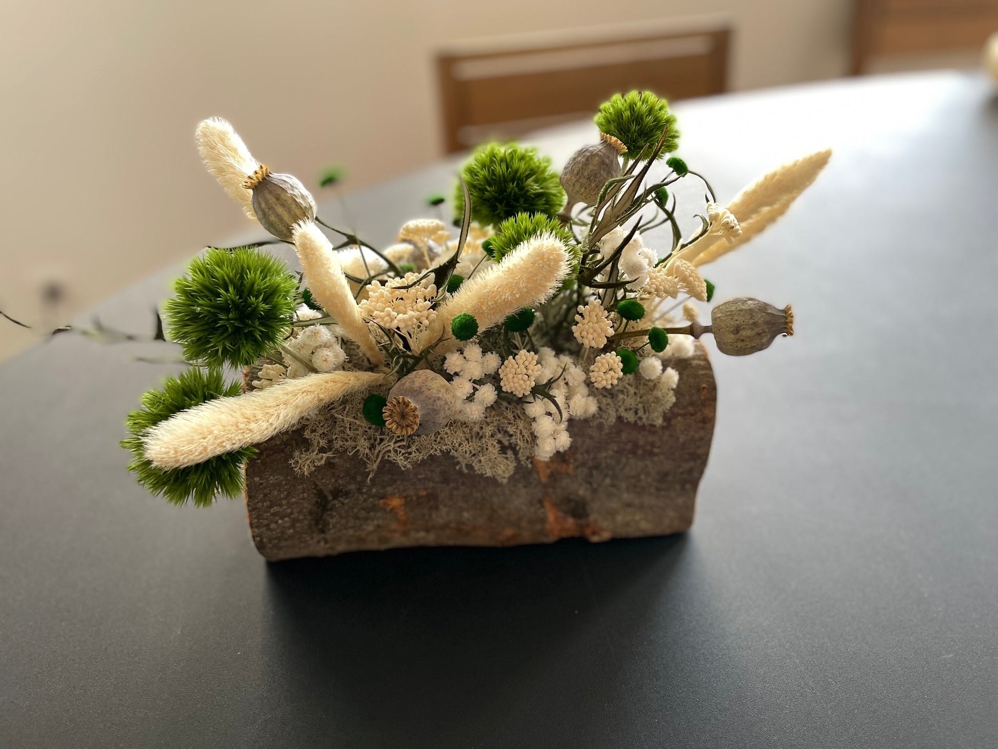 Centre de table bohème fleurs séchées bois